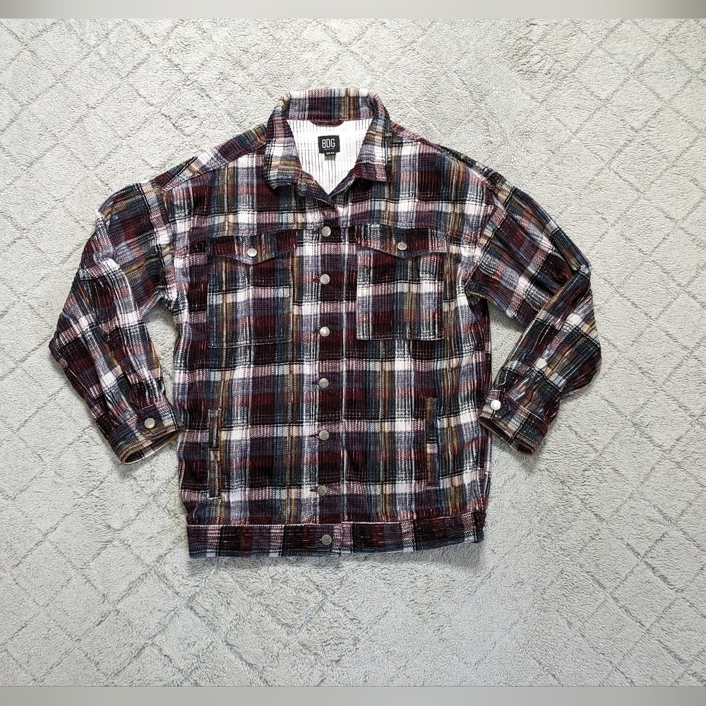 BDG Shirt Jacket Women's Medium Purple Plaid Corduroy Karina Trucker Oversized 